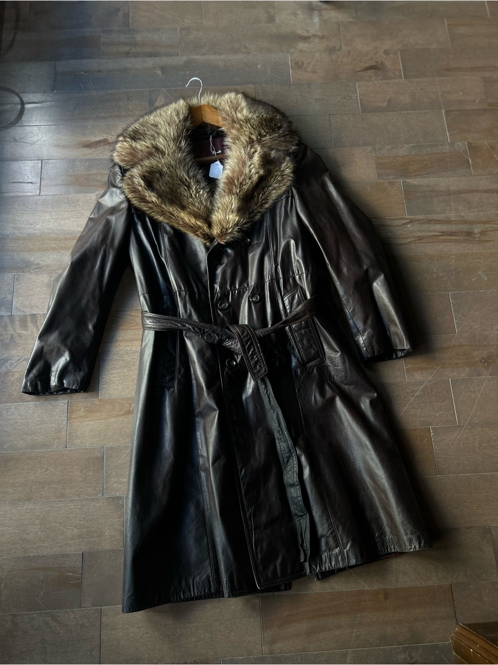 Men's Brown Leather Trench Coat with Fur Collar
